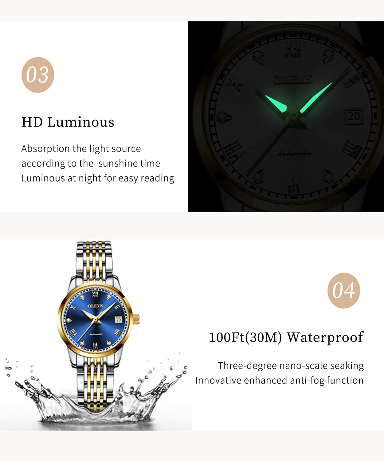 OLEVS Automatic Watches for Women Classic Diamond Ladies Self-Winding Wrist Watch Gold Stainless Steel Date Day Female Watch Gift - Image 6